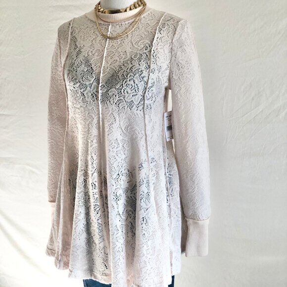 Free People "Coffee In The Morning" Chamoix Lace Tunic Top Size S - Picture 6 of 12